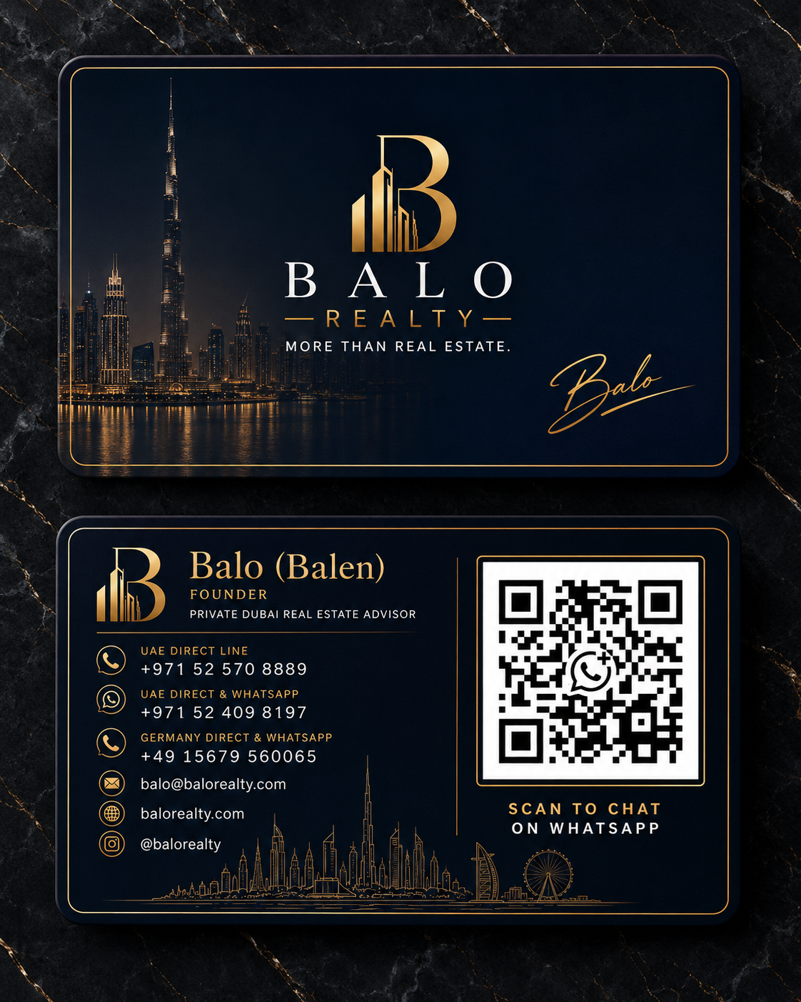 Original BALO REALTY business card with contact details and WhatsApp QR code